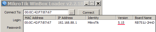 Просмотр версии RouterOS в утилите WinBox